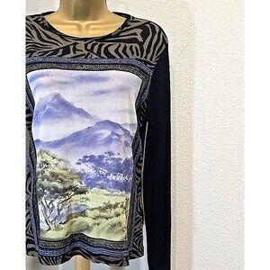 New York & Co Sheer Mesh Top M indie Grunge Mountain Scene Print Boho Nature Art